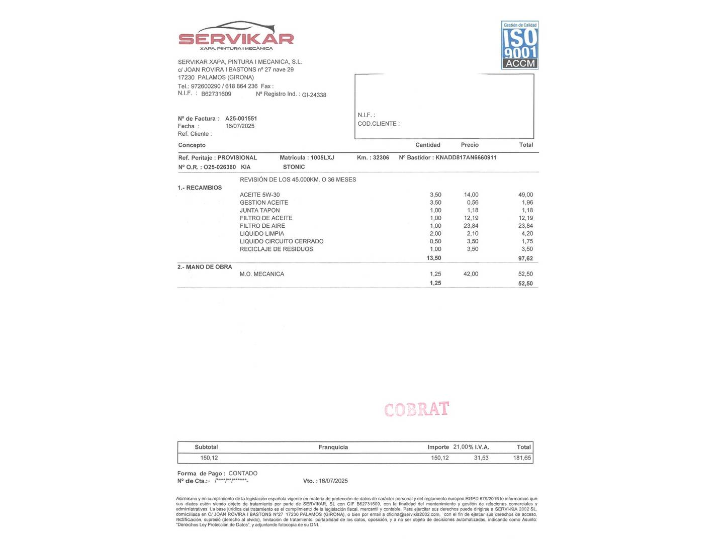 Foto del mantenimiento del KIA Stonic KIA Stonic 1.0 T-GDi MHEV iMT GT Line (120 CV)