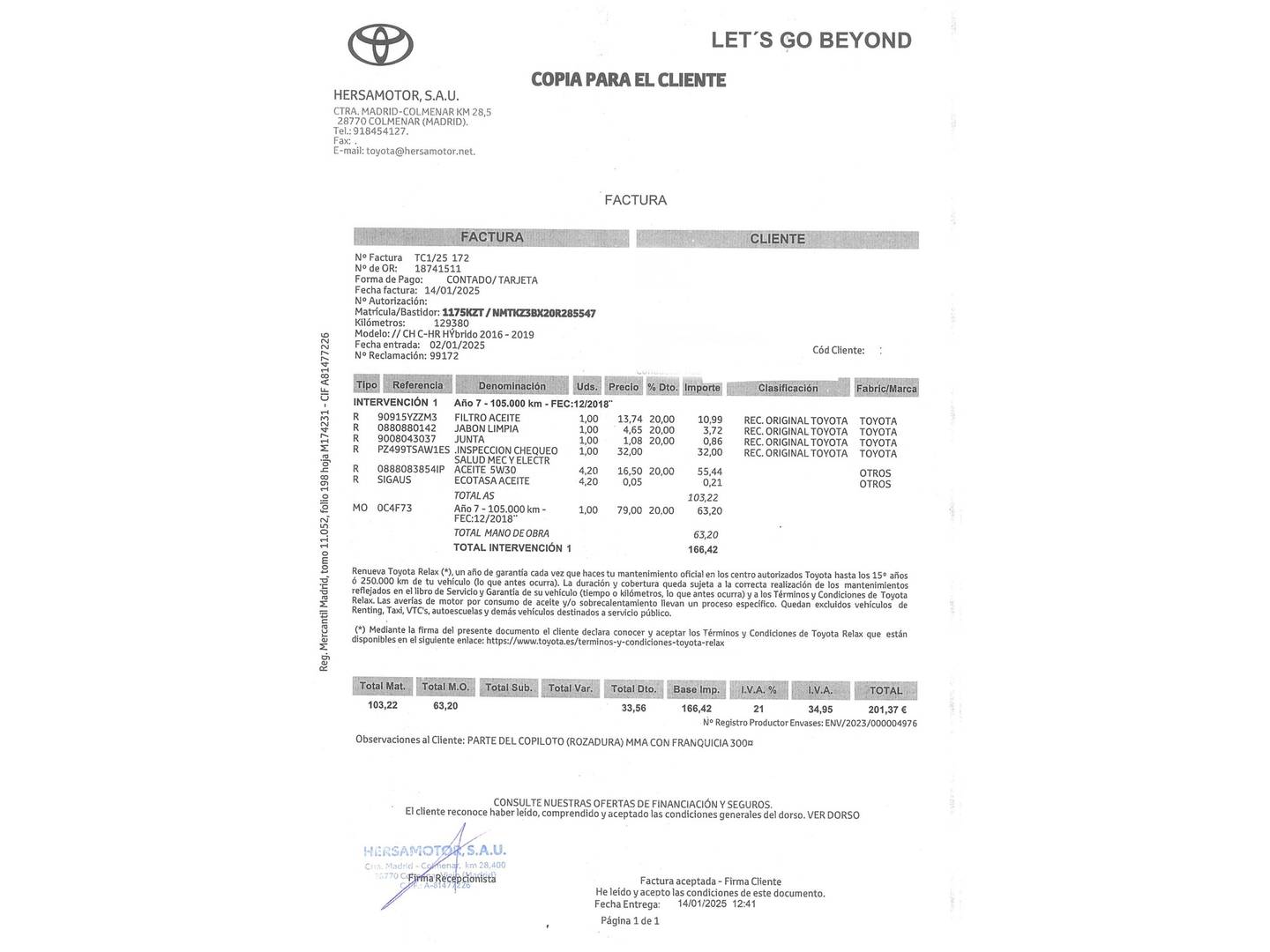 Foto del mantenimiento del Toyota C-HR Toyota C-HR 1.8 125H Advance  (122 CV)
