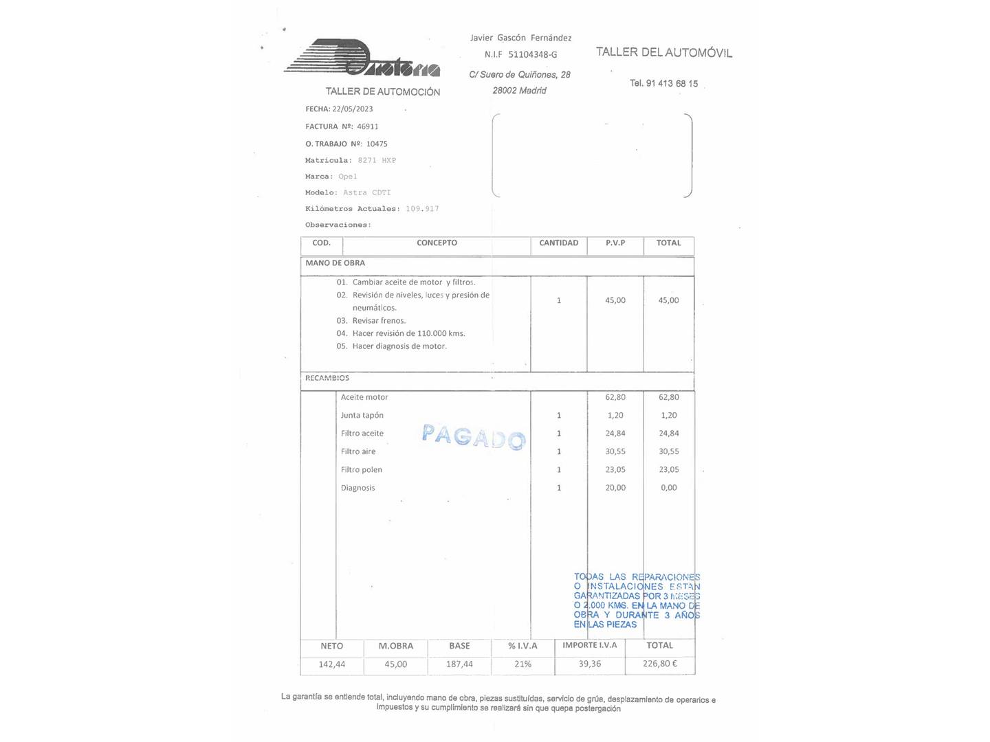 Foto del mantenimiento del Opel Astra Opel Astra 1.7 CDTI S&S Excellence (130 CV)