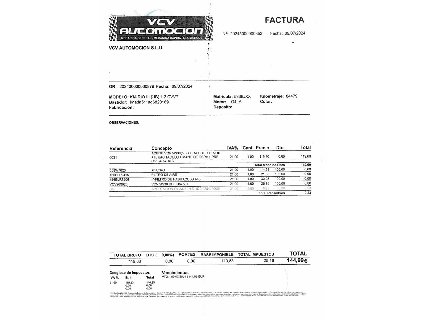 Foto del mantenimiento del KIA Rio KIA Rio 1.2 CVVT x-Tech16 Eco-Dynamics (84 CV)