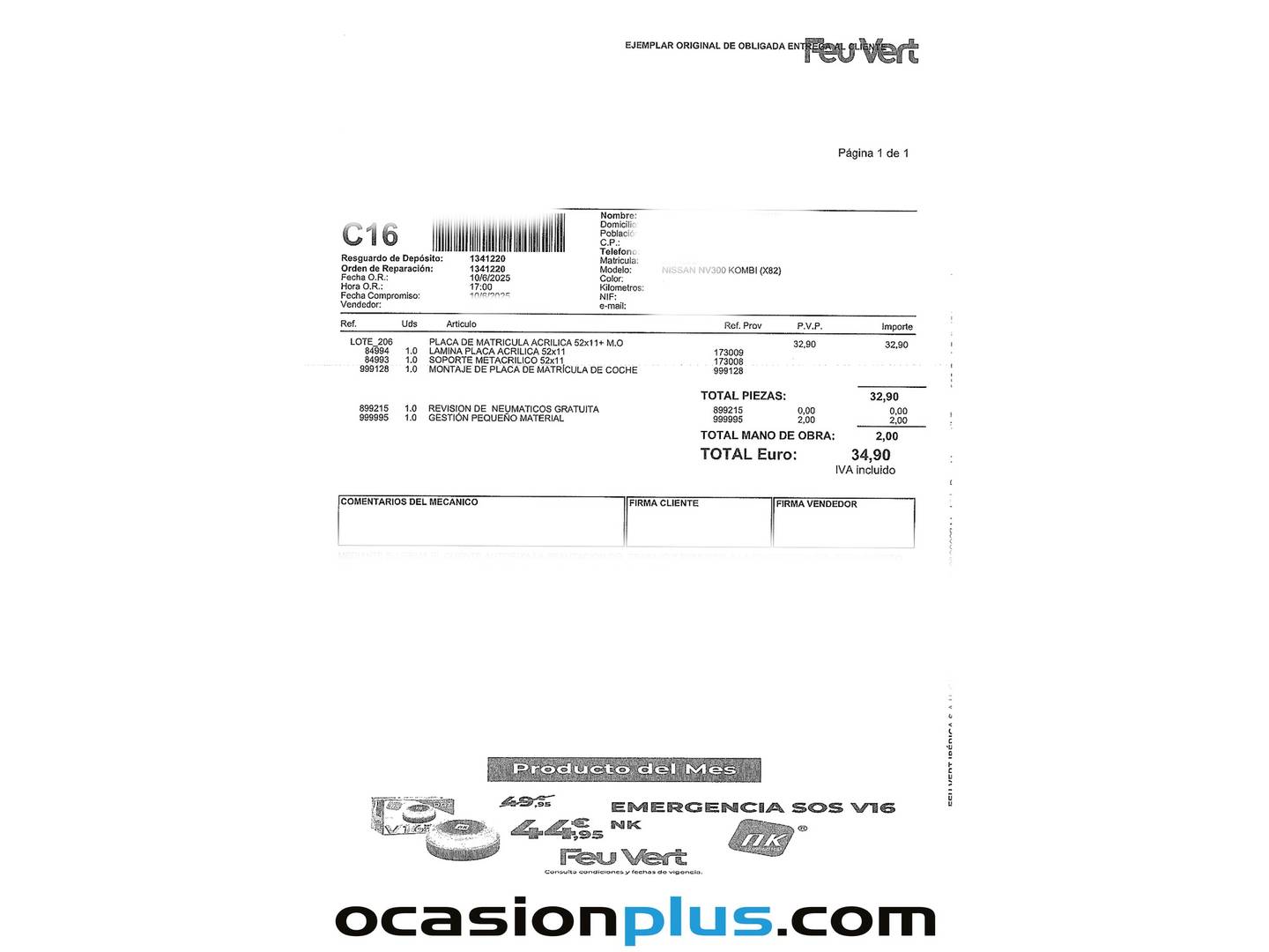Foto del mantenimiento del Nissan NV300 Nissan NV300 Combi 2.0 dCi L1H1 1T Premium (120 CV) Camperizada 2 Plazas