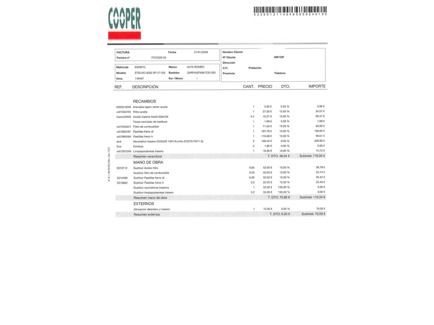 Foto del mantenimiento del Alfa Romeo Stelvio Alfa Romeo Stelvio 2.2 Diesel Executive RWD (190 CV)