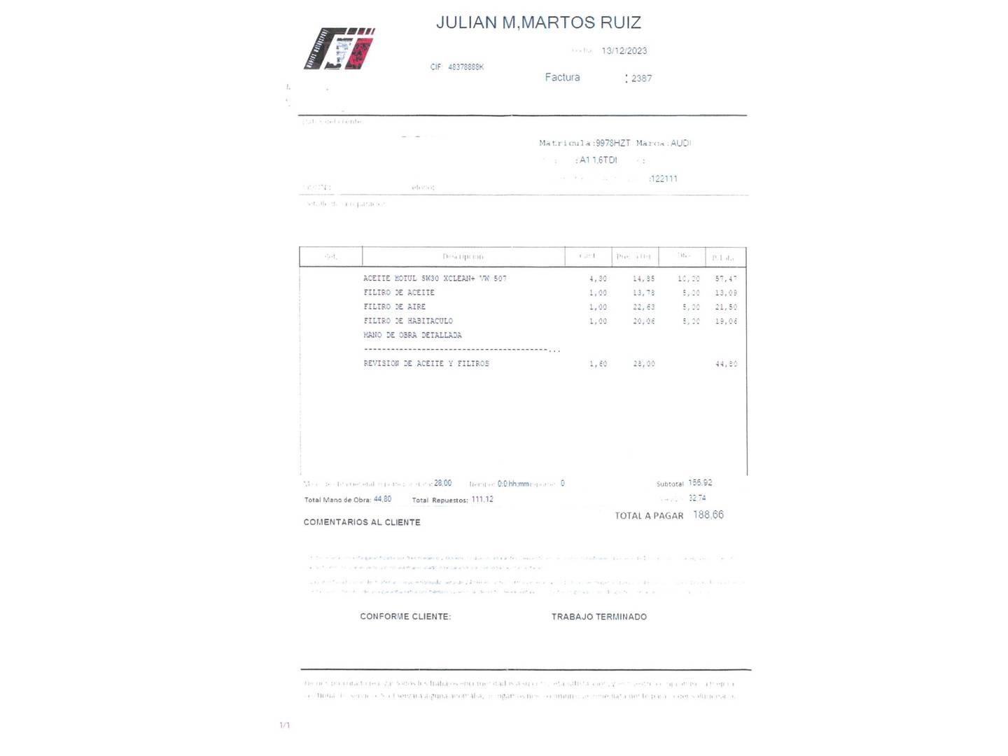Foto del mantenimiento del Audi A1 Audi A1 Attracted 1.6 TDI (90 CV) S tronic
