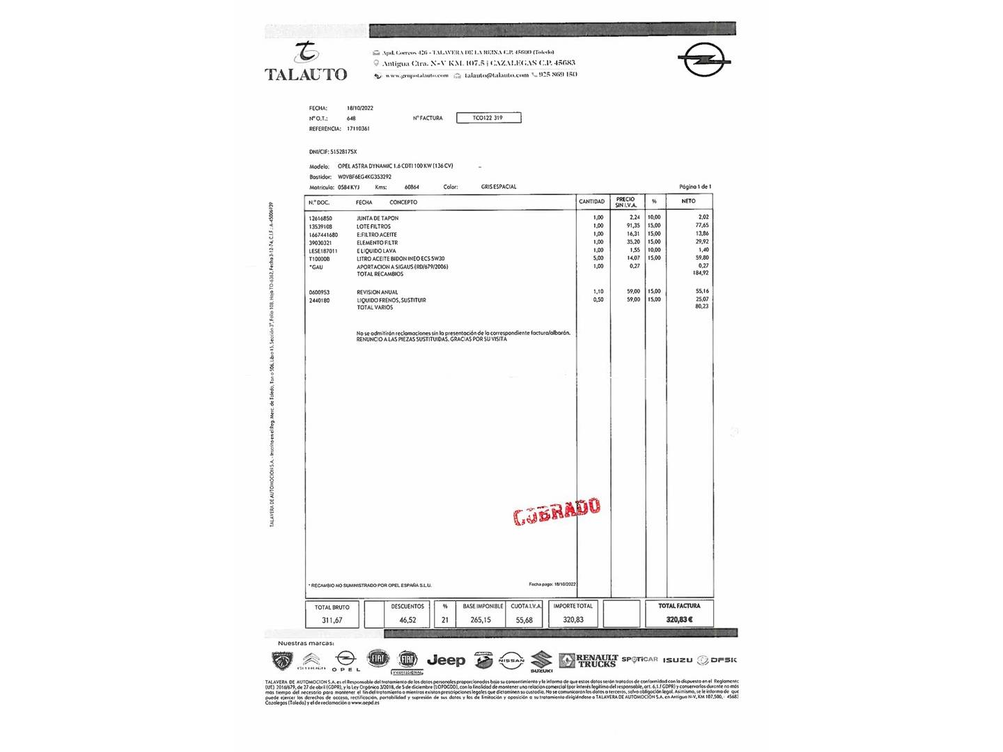 Foto del mantenimiento del Opel Astra Opel Astra 1.6 CDTi S&S Dynamic (136 CV)