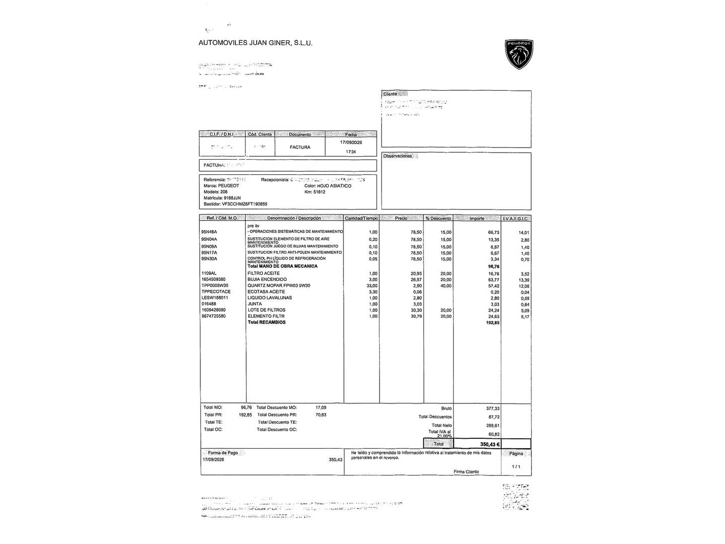 Foto del mantenimiento del Peugeot 208 Peugeot 208 1.2 PureTech Active (82 CV)