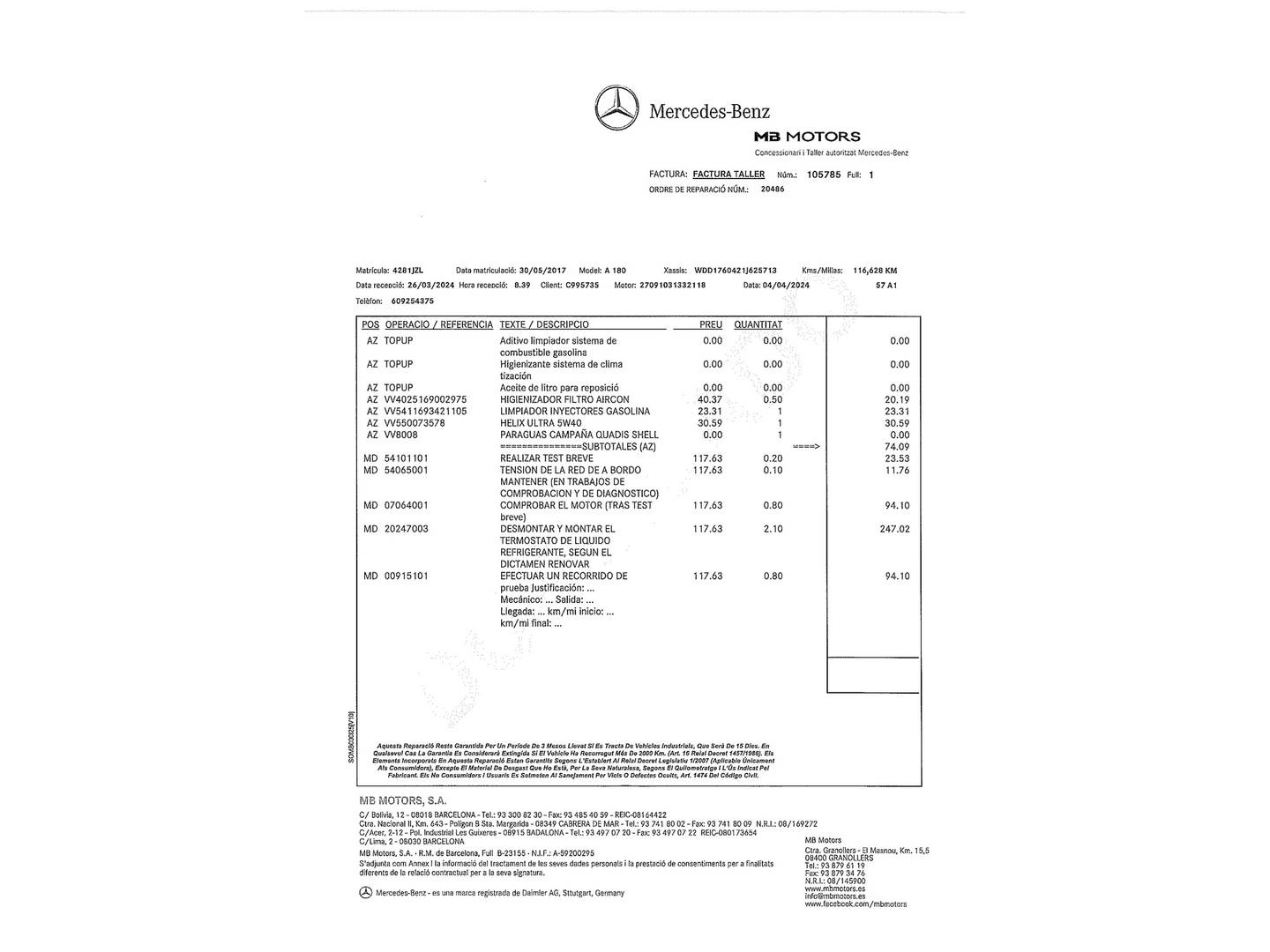 Foto del mantenimiento del Mercedes Clase A Mercedes Clase A 180 (122 CV)