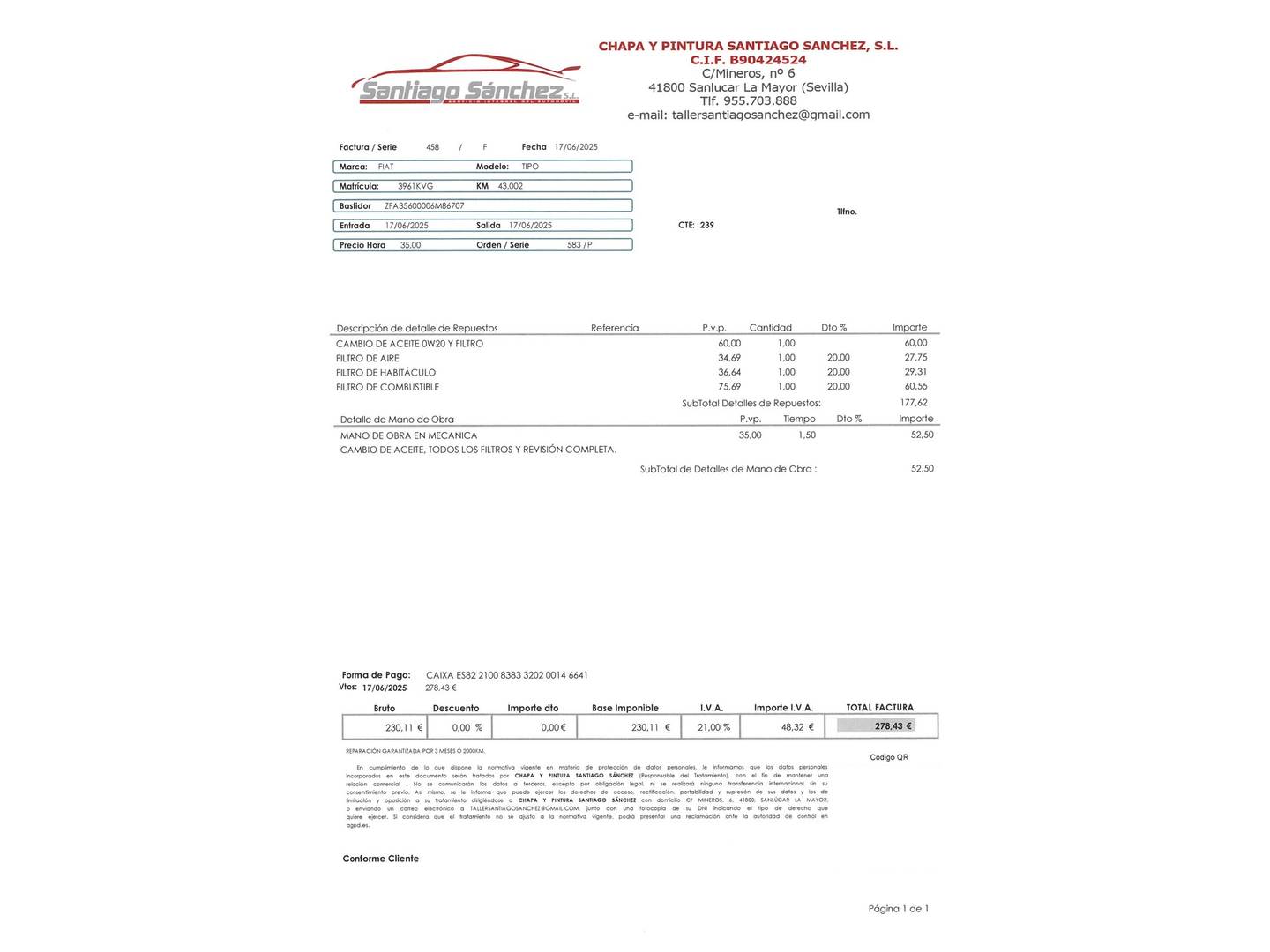 Foto del mantenimiento del Fiat Tipo Fiat Tipo Sedan 1.3 Multijet II Easy (95 CV)