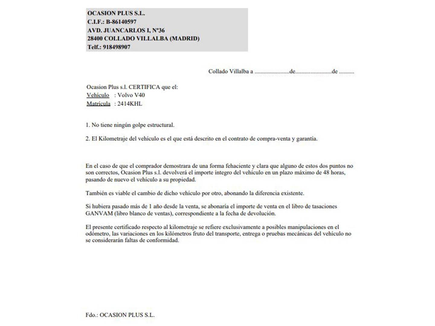 Foto del certificado del Volvo V40 Volvo V40 T2 Momentum Auto (122 CV)