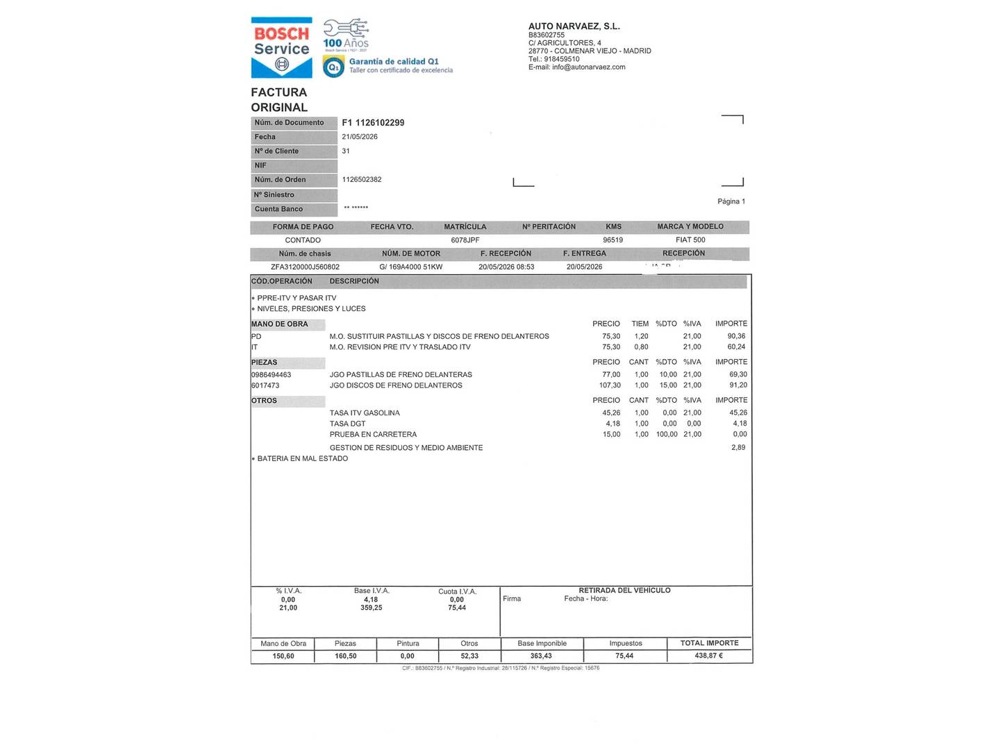 Foto del mantenimiento del Fiat 500 Fiat 500 1.2 8v Lounge (69 CV)