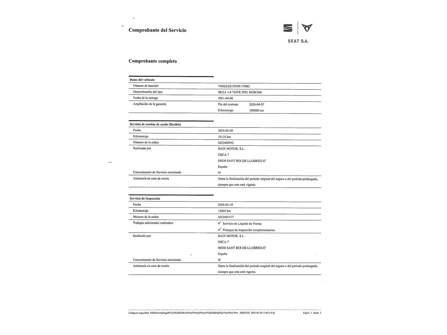 Foto del mantenimiento del Seat Ibiza Seat Ibiza 1.0 TSI FR Go2 (110 CV)