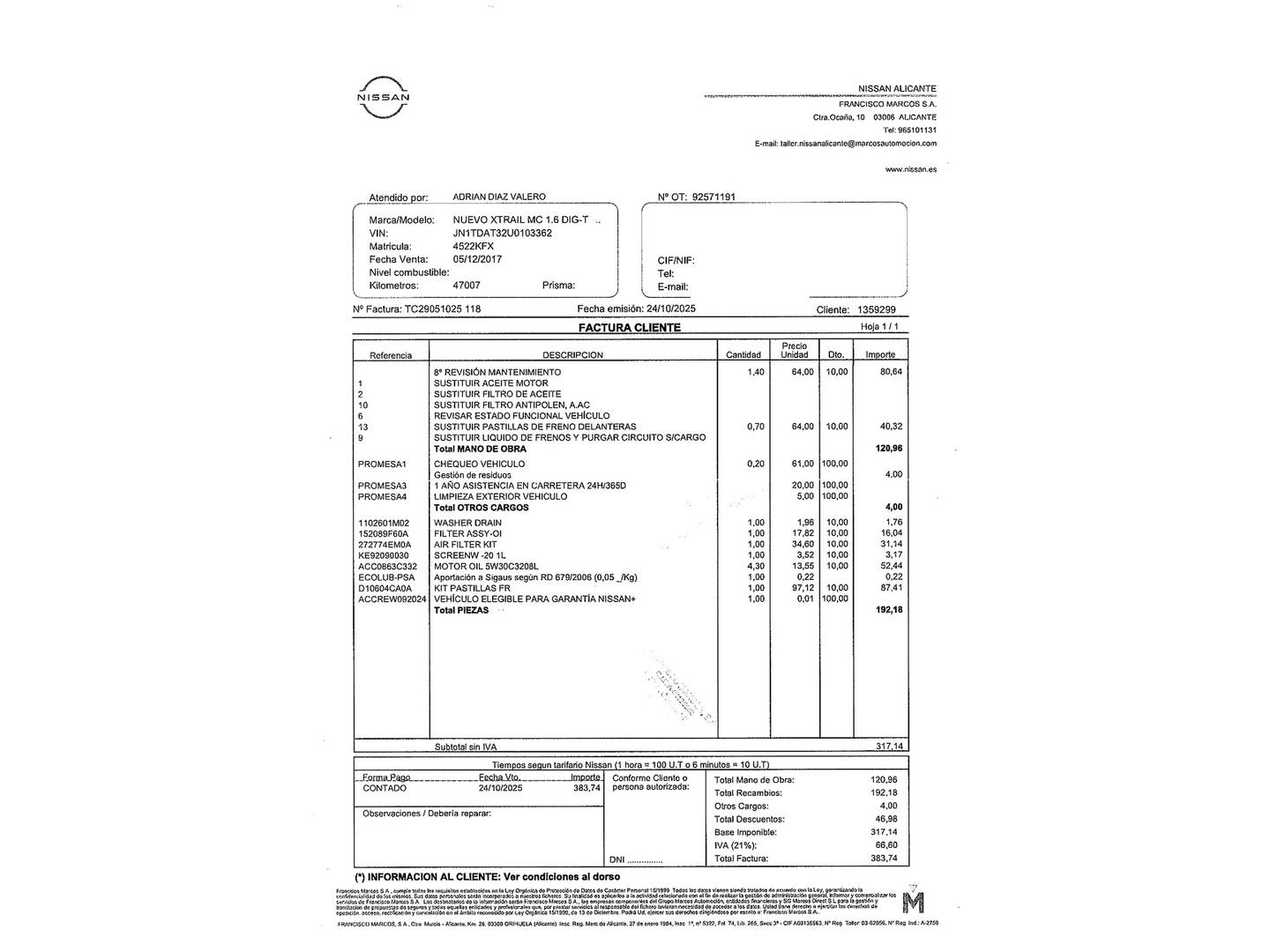 Foto del mantenimiento del Nissan X-TRAIL Nissan X-Trail 1.6 DIG-T N-Connecta 4x2 (163 CV)