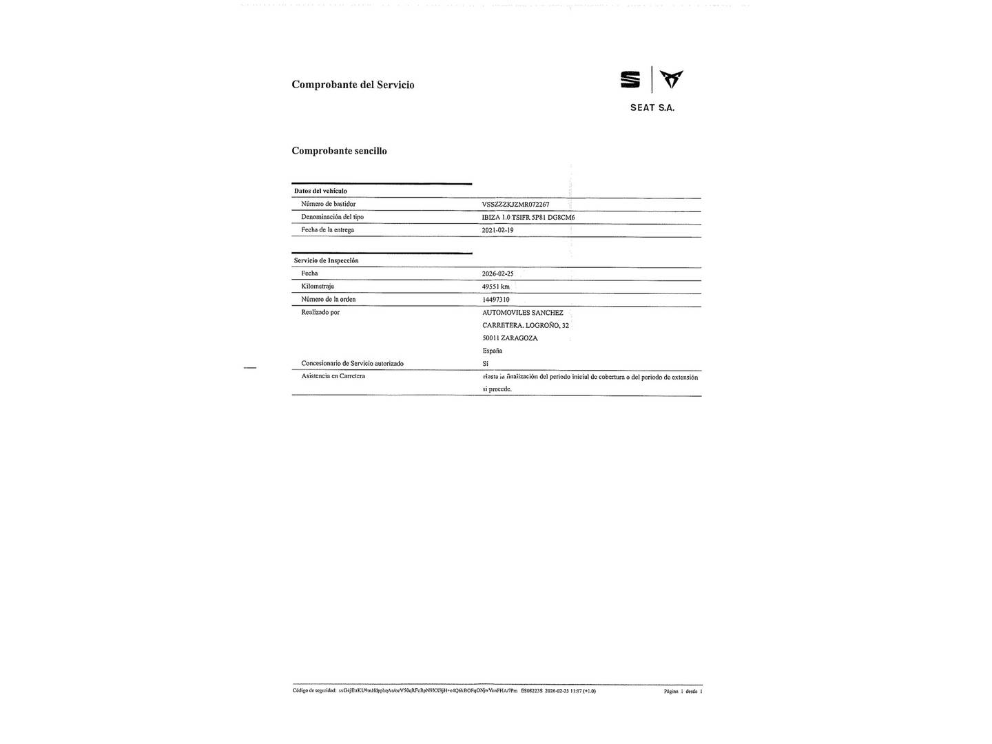Foto del mantenimiento del Seat Ibiza Seat Ibiza 1.0 TSI FR Go2 (110 CV)