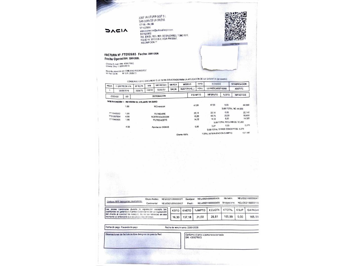 Foto del mantenimiento del Dacia Duster Dacia Duster Laureate dCi (90 CV)