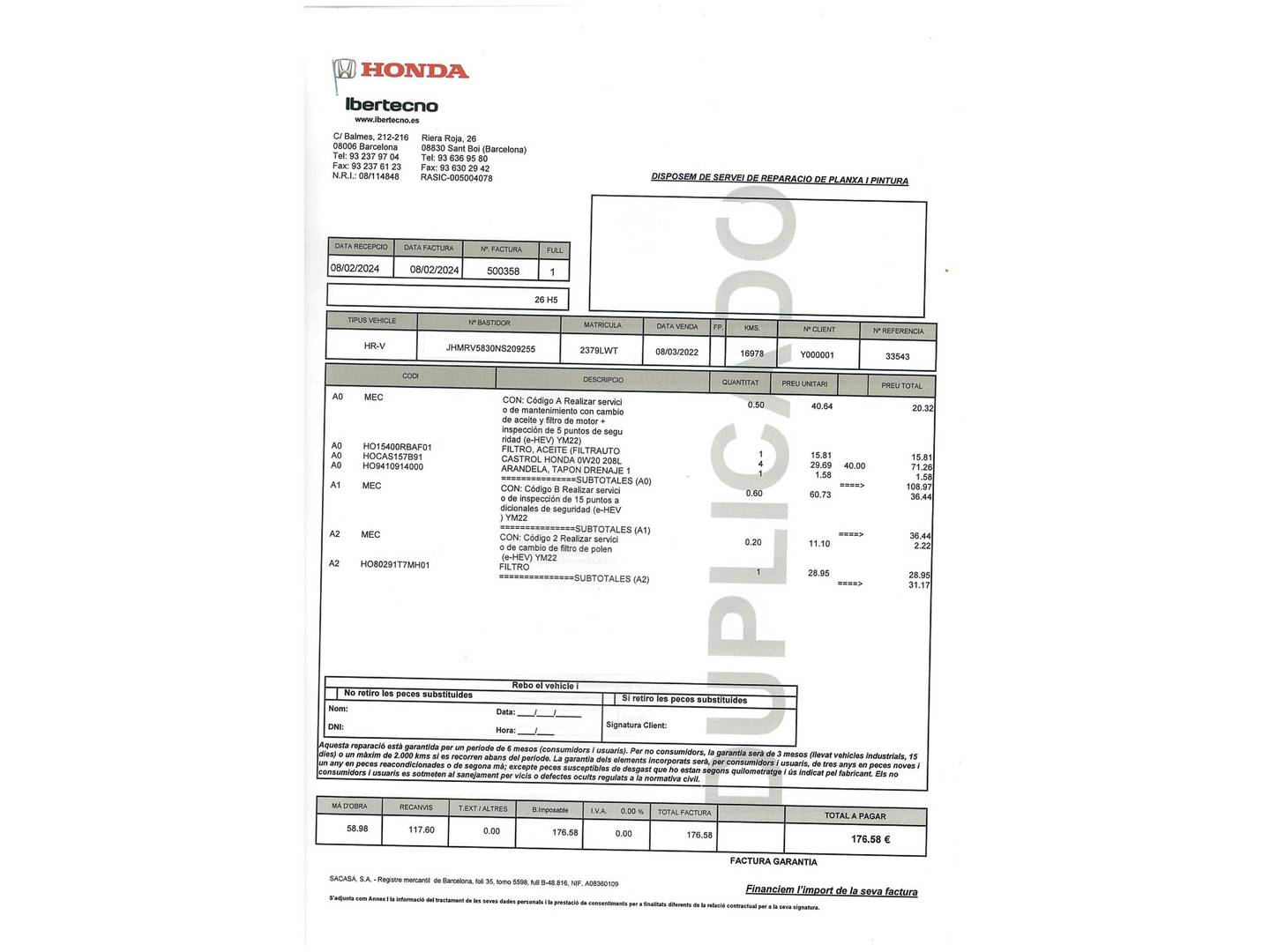 Foto del mantenimiento del Honda HR-V Honda HR-V 1.5 i-MMD Advance 4x2 Auto (131 CV)