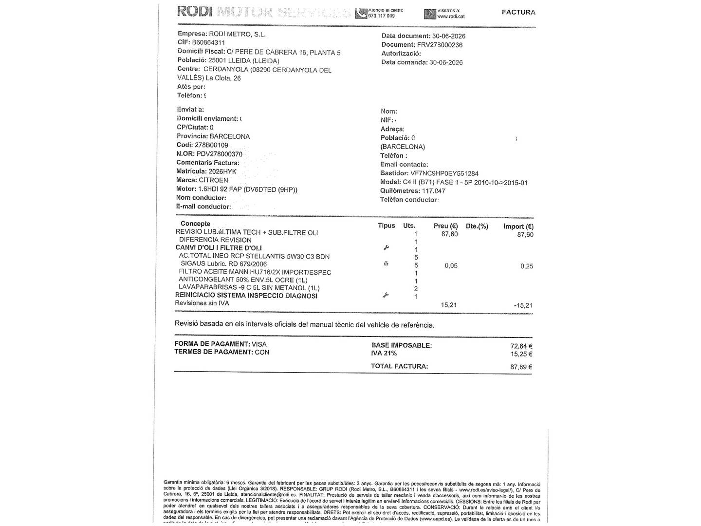 Foto del mantenimiento del Citroën C4 Citroën C4 1.6 HDI Tonic (92 CV)
