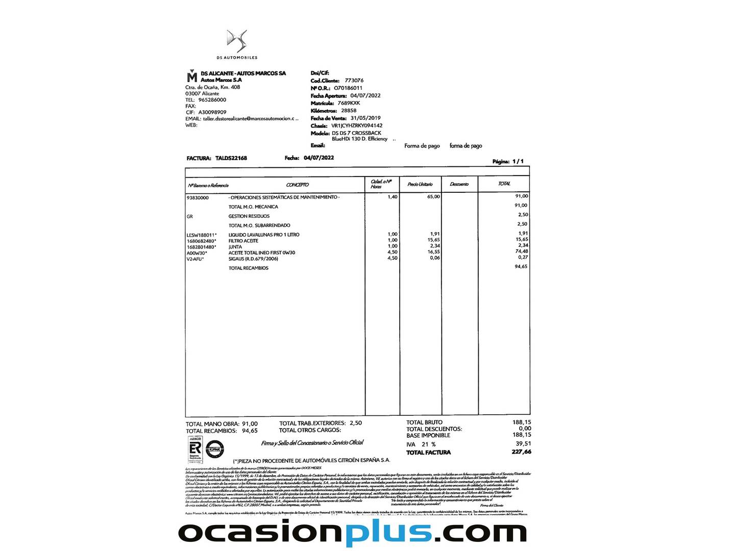 Foto del mantenimiento del DS DS 7 Crossback DS DS7 Crossback BlueHDi 130 Performance Line Auto (130 CV)