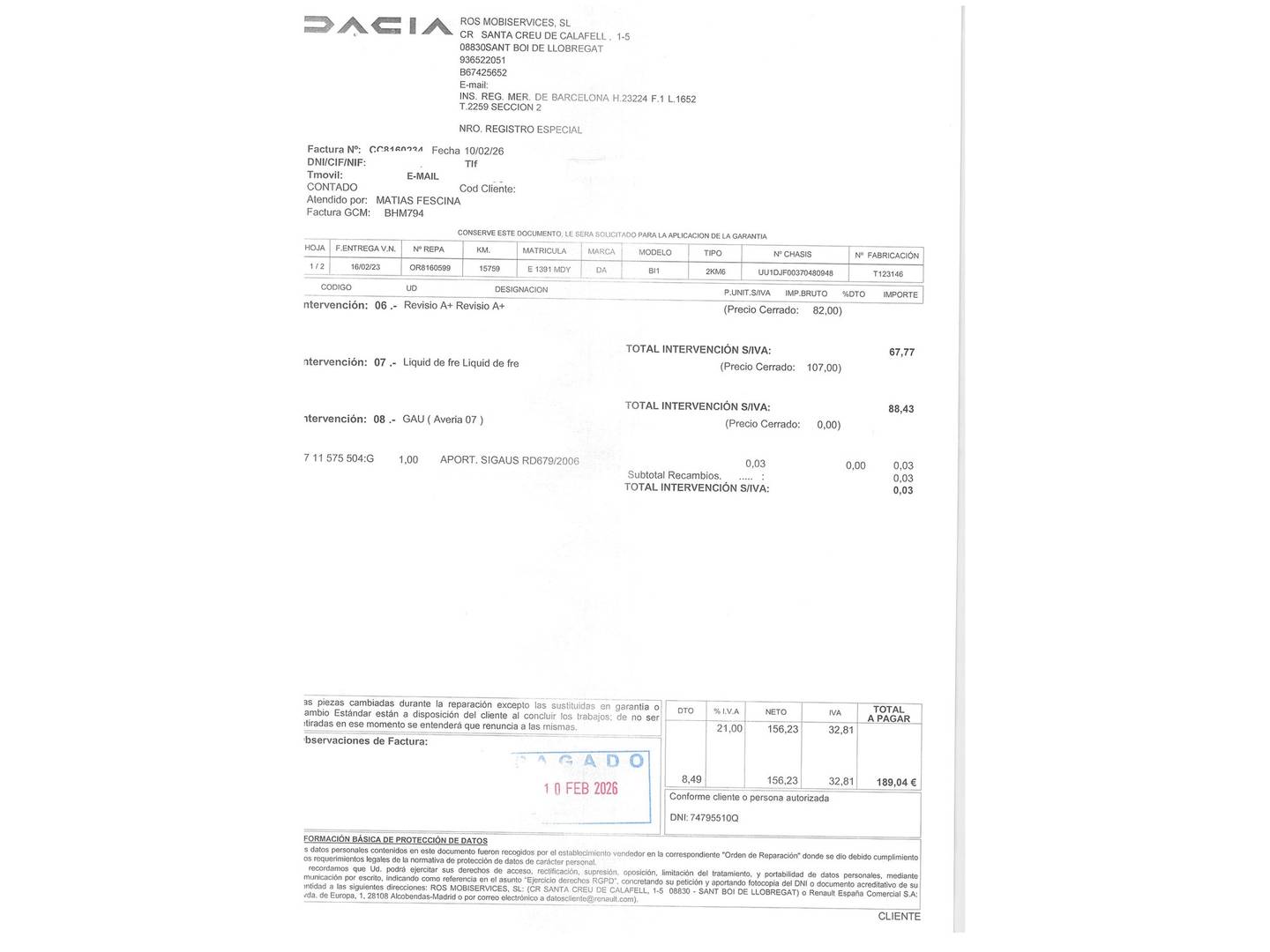 Foto del mantenimiento del Dacia Sandero Dacia Sandero Expression TCe (90 CV)
