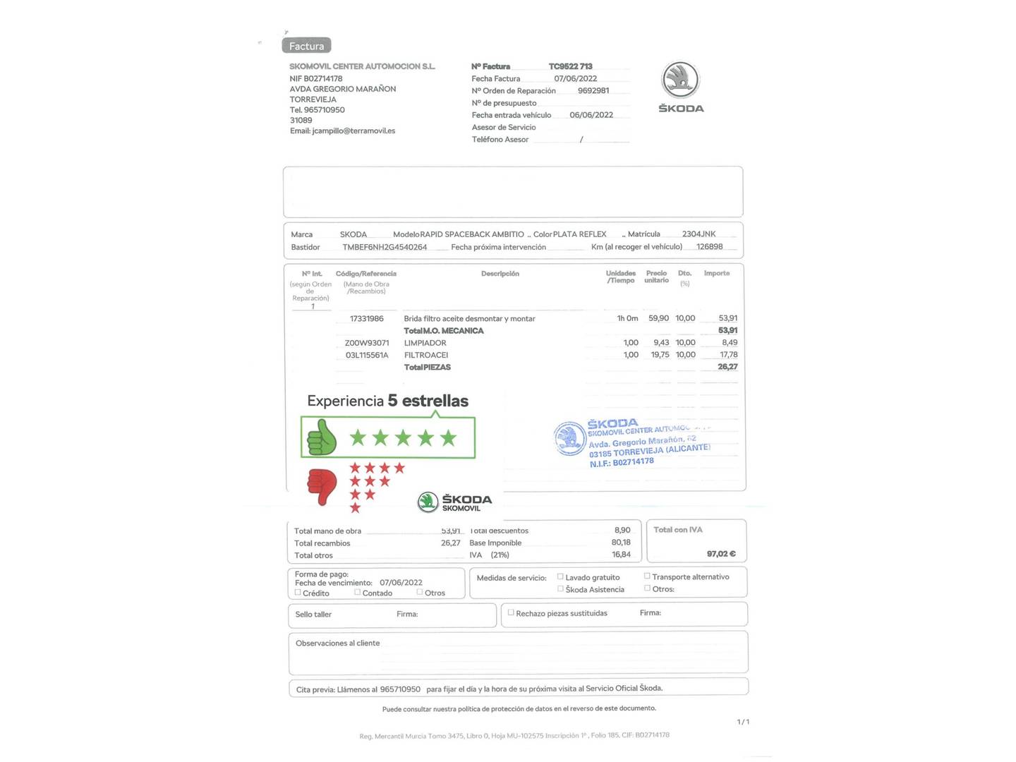 Foto del mantenimiento del Skoda Spaceback Skoda Spaceback 1.4 TDI Ambition DSG (90 CV)