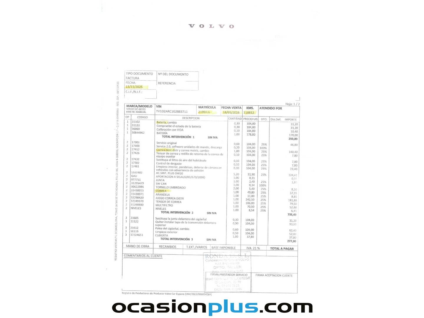 Foto del mantenimiento del Volvo XC60 Volvo XC60 D3 Kinetic (150 CV)