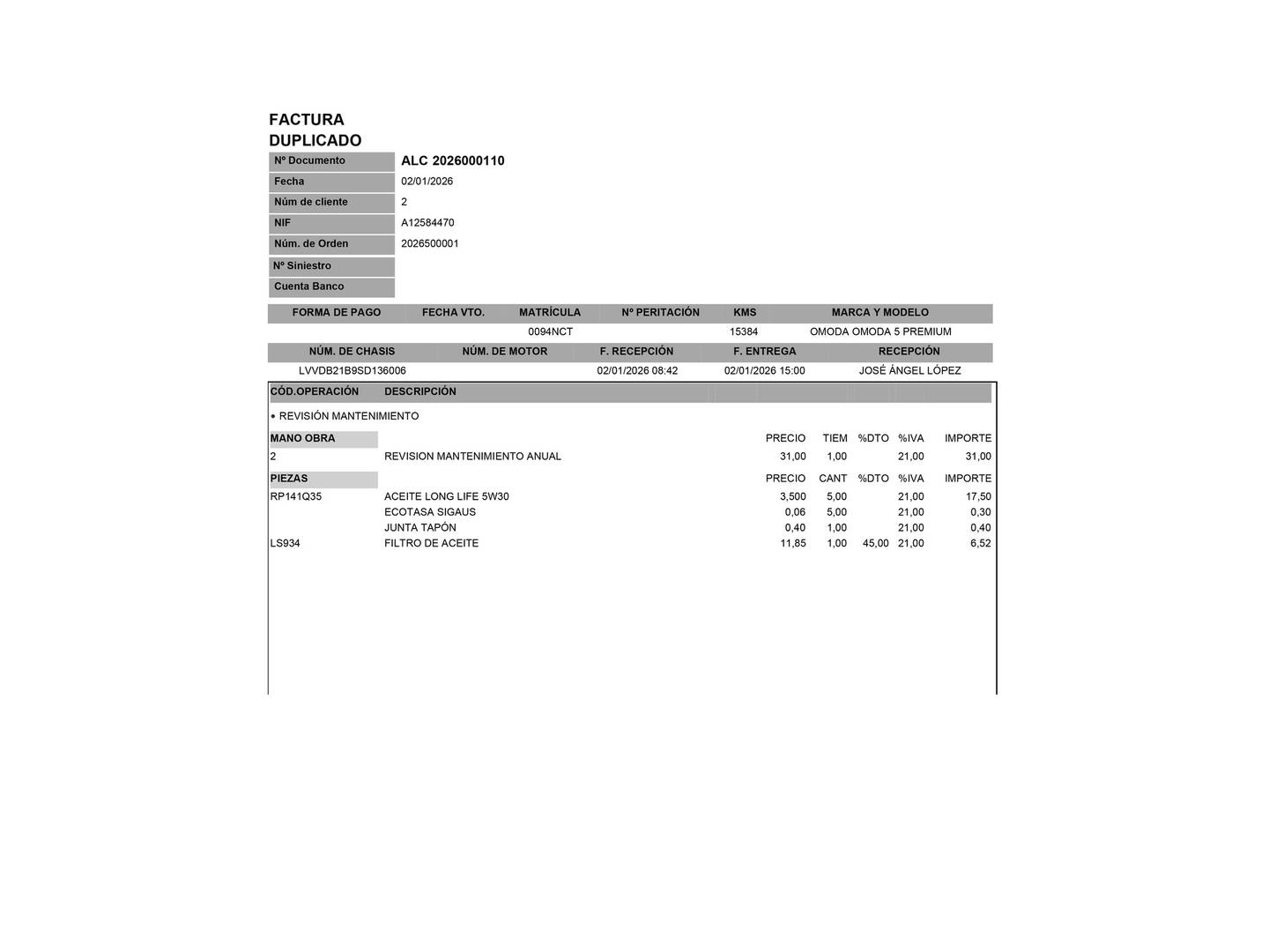 Foto del mantenimiento del OMODA 5 OMODA 5 1.6 TGDI Premium (145 CV)
