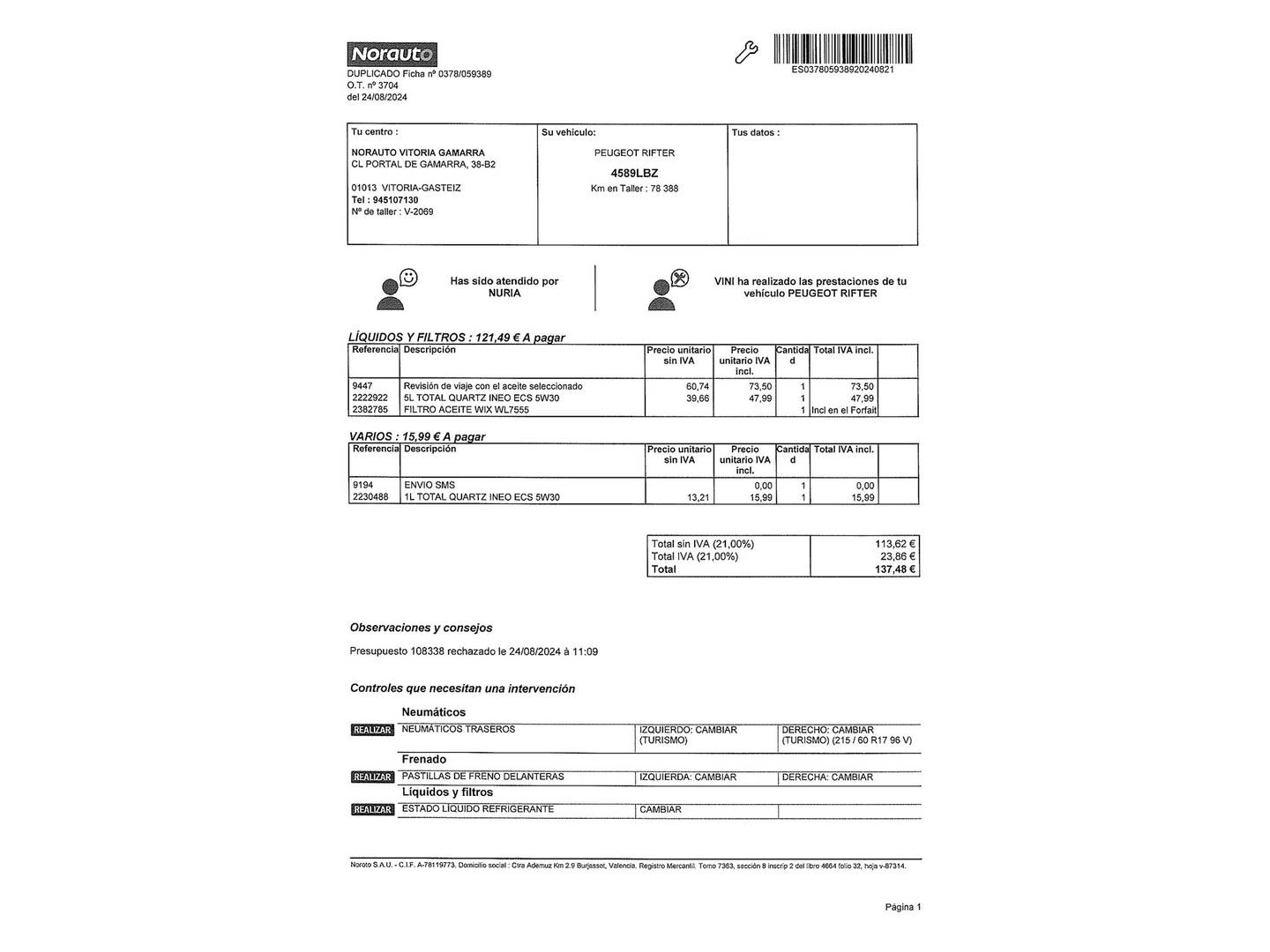 Foto del mantenimiento del Peugeot Rifter Peugeot Rifter BlueHDi 130 GT Line Standard (130 CV)