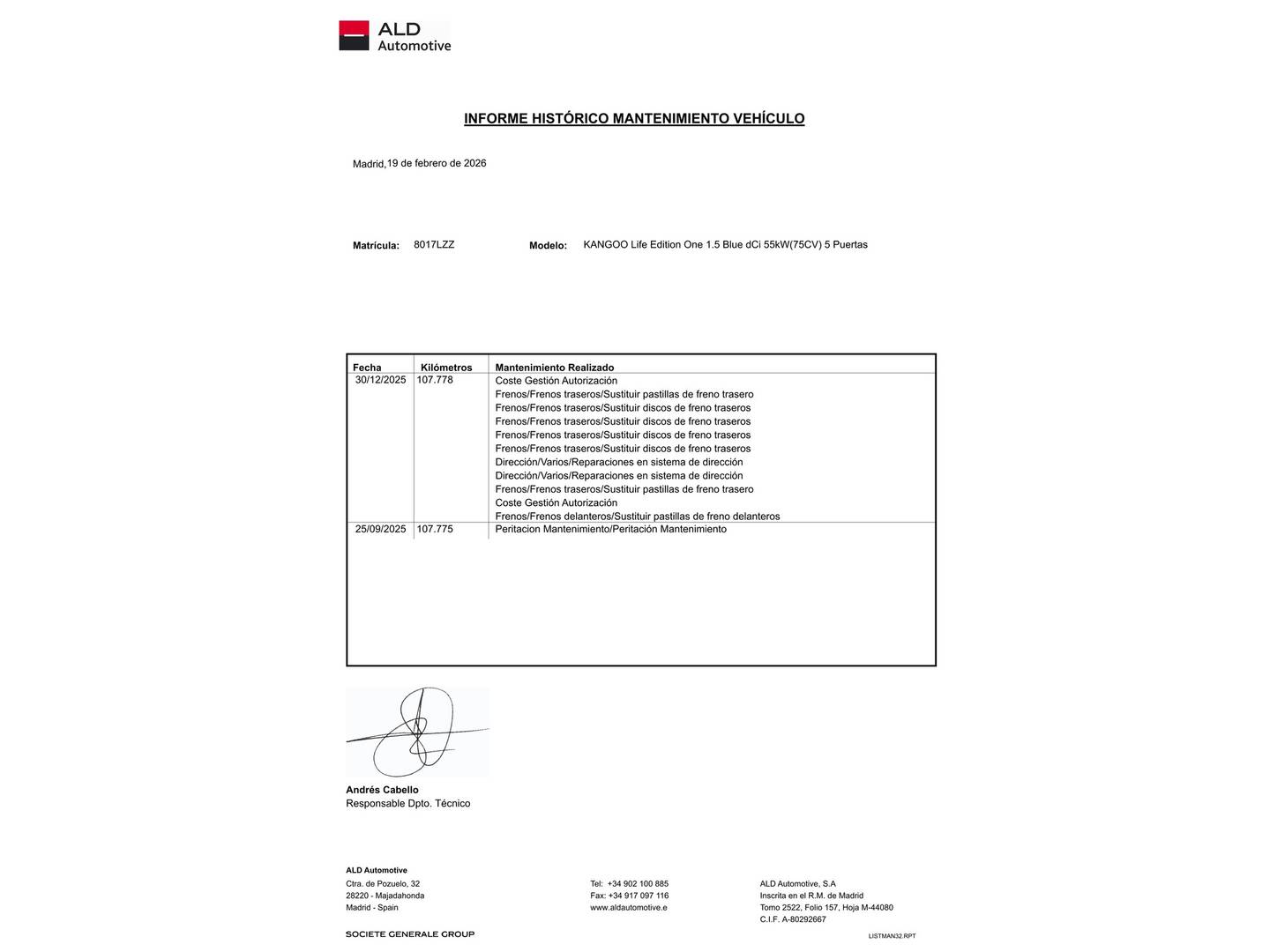 Foto del mantenimiento del Renault Kangoo Combi Renault Kangoo Combi Combi Life Edition One 1.5 Blue dCi (75 CV)