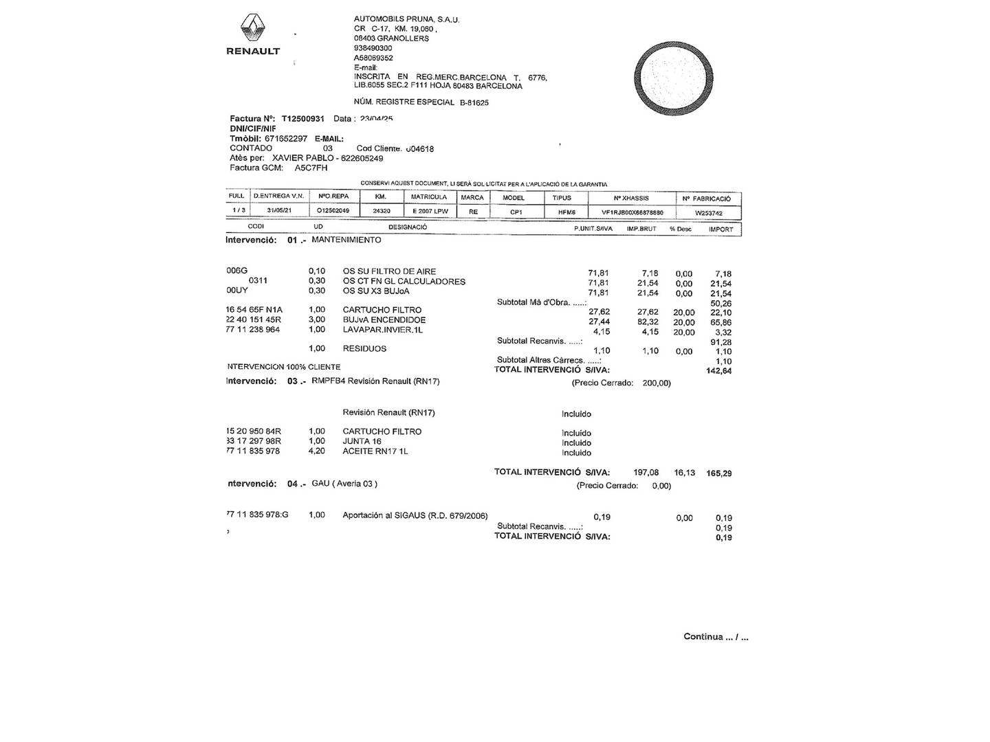 Foto del mantenimiento del Renault Captur Renault Captur Intens TCe (90 CV)
