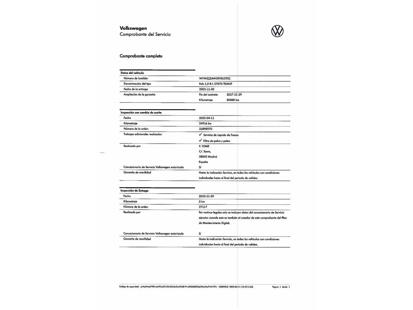 Foto del mantenimiento del Volkswagen Polo Volkswagen Polo R-Line 1.0 TSI (95 CV)