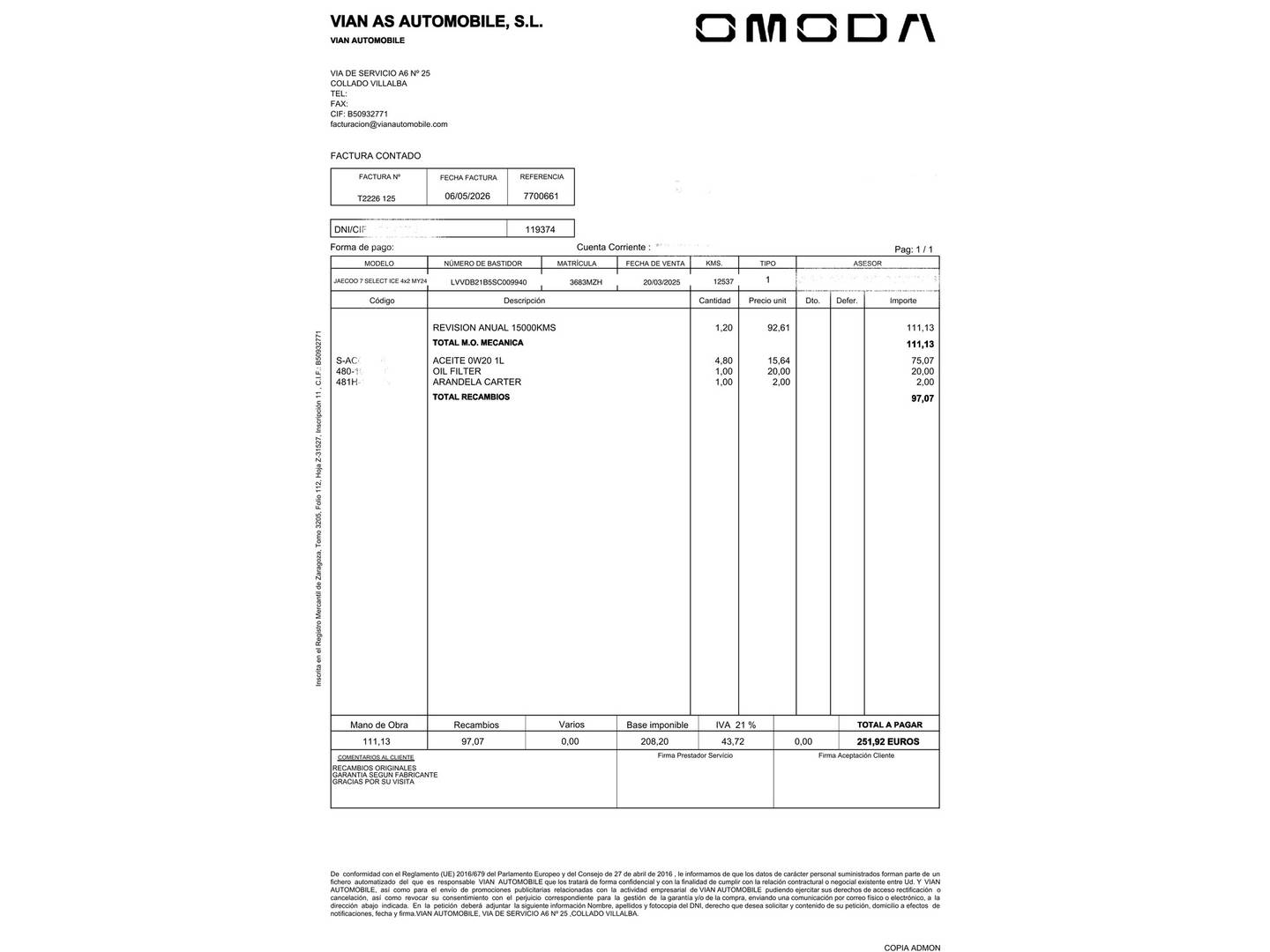 Foto del mantenimiento del JAECOO 7 JAECOO 7 1.6 TGDI Select FWD (145 CV)