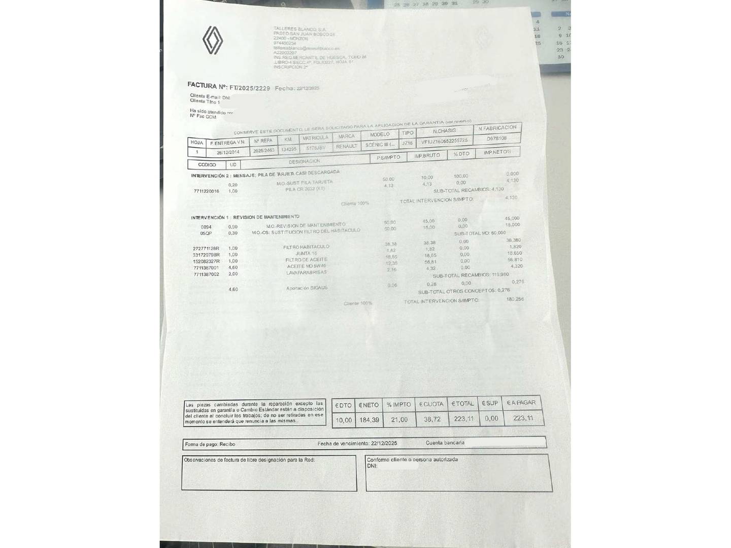 Foto del mantenimiento del Renault Scénic Renault Scenic 1.2 TCe Energy Bose (132 CV)