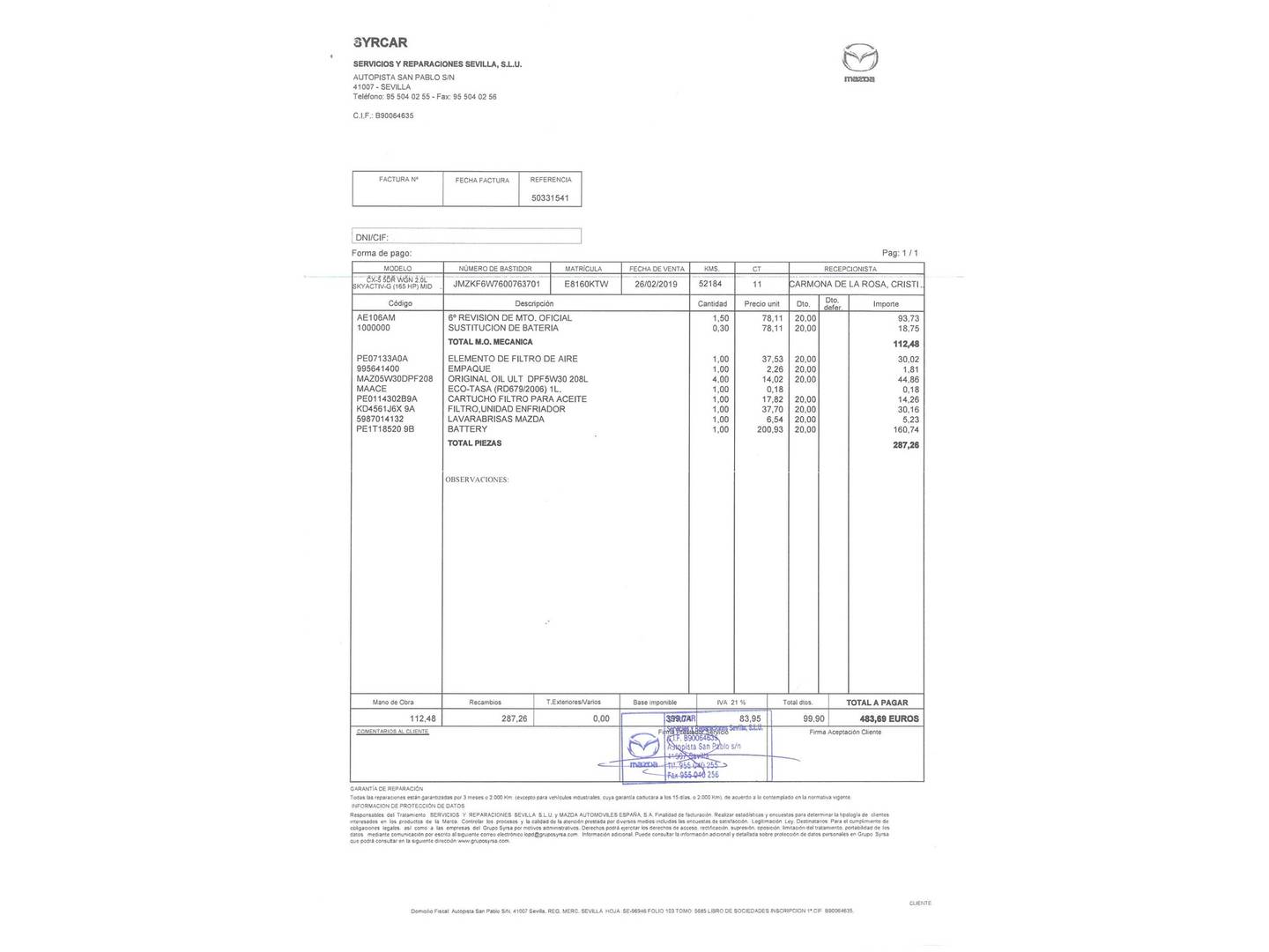 Foto del mantenimiento del Mazda CX-5 Mazda CX-5 2.0 G Evolution 2WD (165 CV)