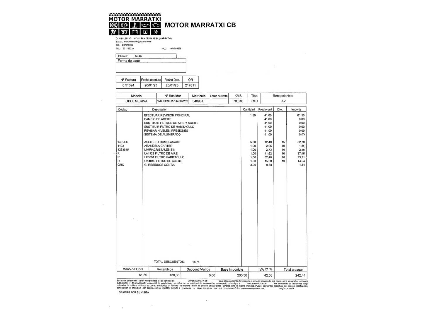 Foto del mantenimiento del Opel Meriva Opel Meriva 1.4 NEL Selective (120 CV)