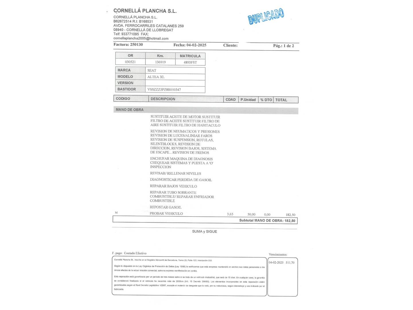 Foto del mantenimiento del Seat Altea XL Seat Altea XL 2.0 TDI Stylance (140 CV)
