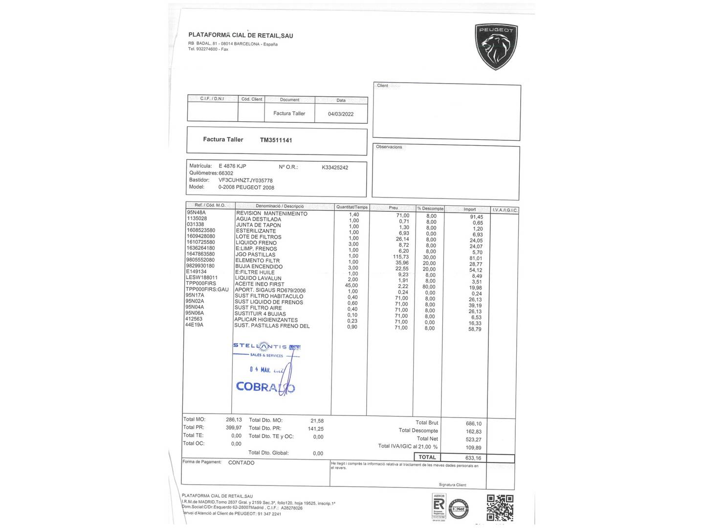 Foto del mantenimiento del Peugeot 2008 Peugeot 2008 PureTech 110 S&S Allure EAT6 (110 CV)