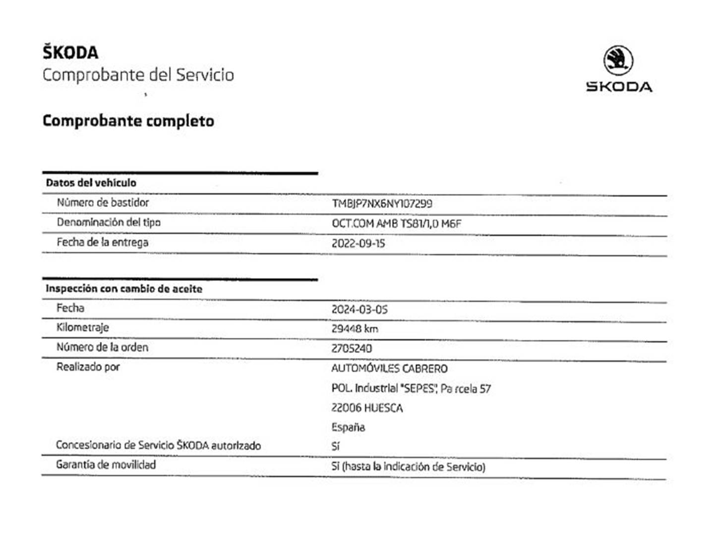 Foto del mantenimiento del Skoda Octavia Skoda Octavia Combi 1.0 TSI Ambition (110 CV)