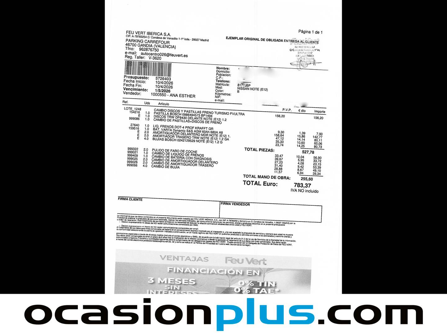 Foto del mantenimiento del Nissan NOTE Nissan Note 1.2G ACENTA (80 CV)
