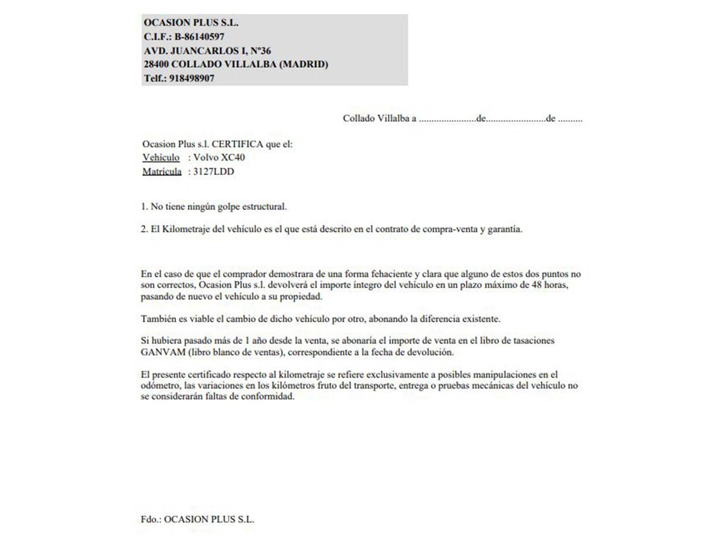 Foto del certificado del Volvo XC40 Volvo XC40 D3 Business Plus Auto (150 CV)