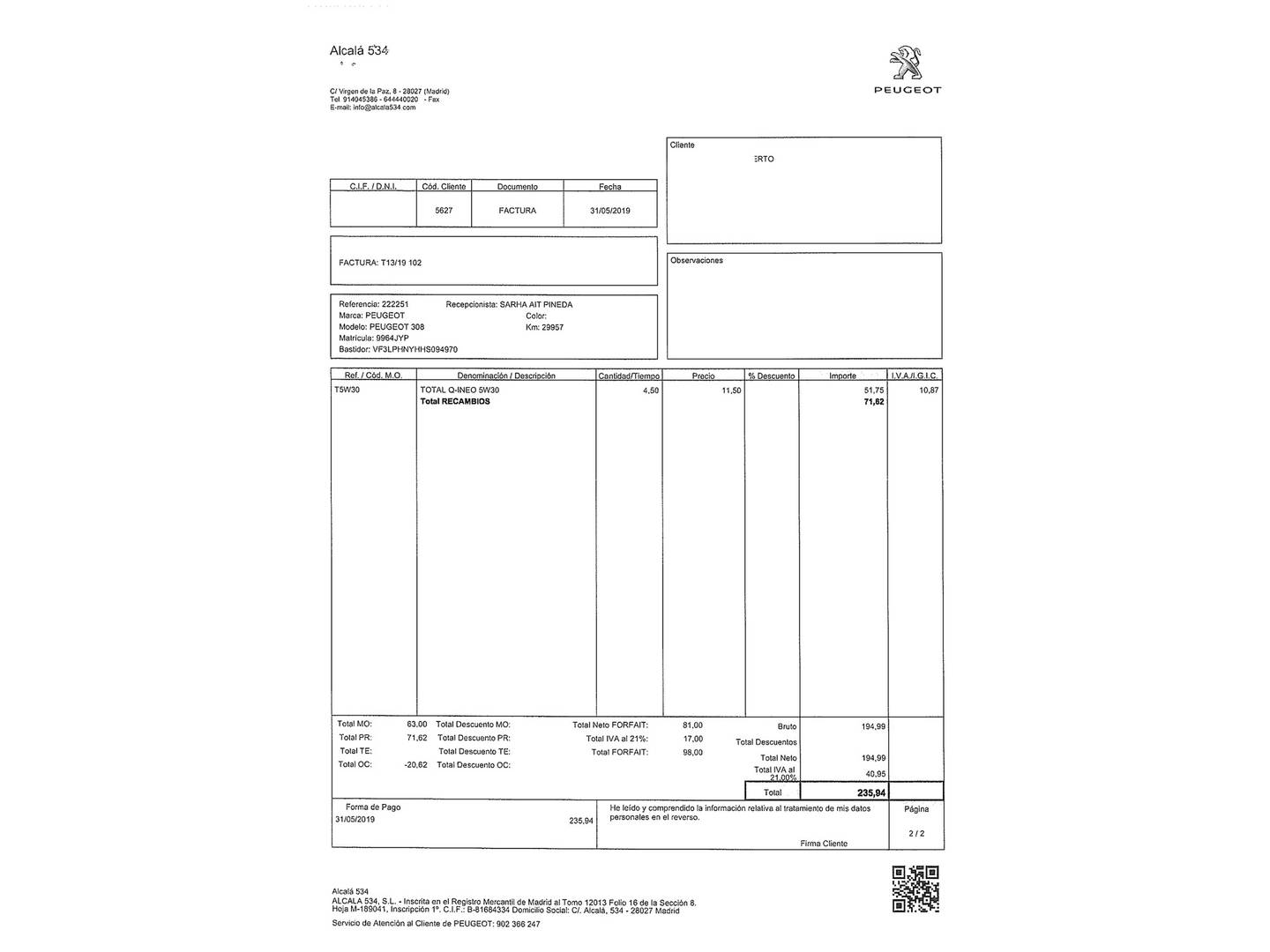 Foto del mantenimiento del Peugeot 308 Peugeot 308 1.2 PureTech S&S GT Line (130 CV)