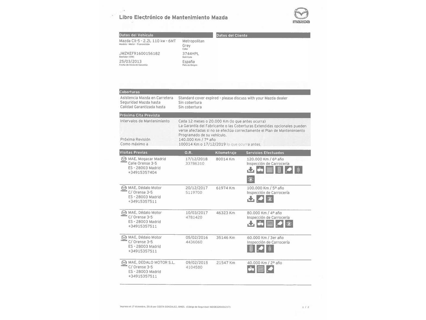 Foto del mantenimiento del Mazda CX-5 Mazda CX-5 2.2 DE Style 2WD (150 CV)