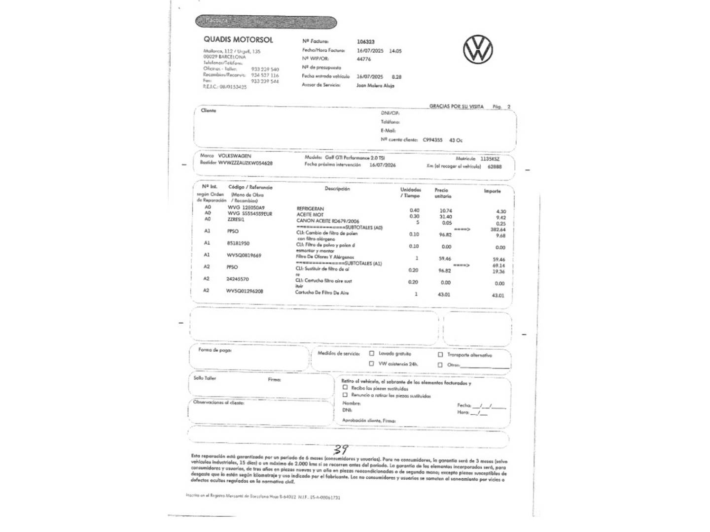 Foto del mantenimiento del Volkswagen Golf Volkswagen Golf Performance 2.0 TSI (245CV) DSG
