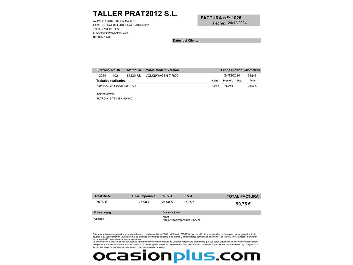 Foto del mantenimiento del Volkswagen T-Roc Volkswagen T-Roc Life 1.0 TSI (115 CV)