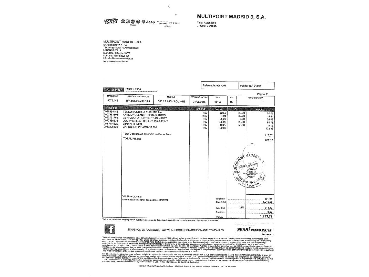 Foto del mantenimiento del Fiat 500 Fiat 500 1.2 8v Lounge (69 CV)