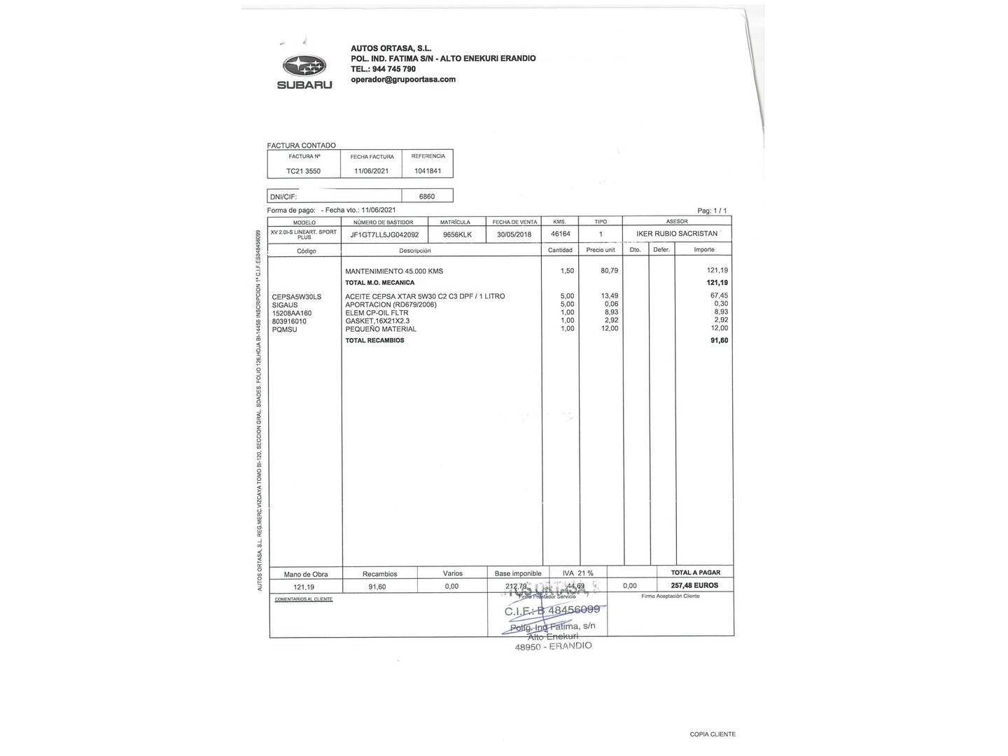 Foto del mantenimiento del Subaru XV Subaru XV 2.0i Sport Plus CVT Lineartronic (156 CV)