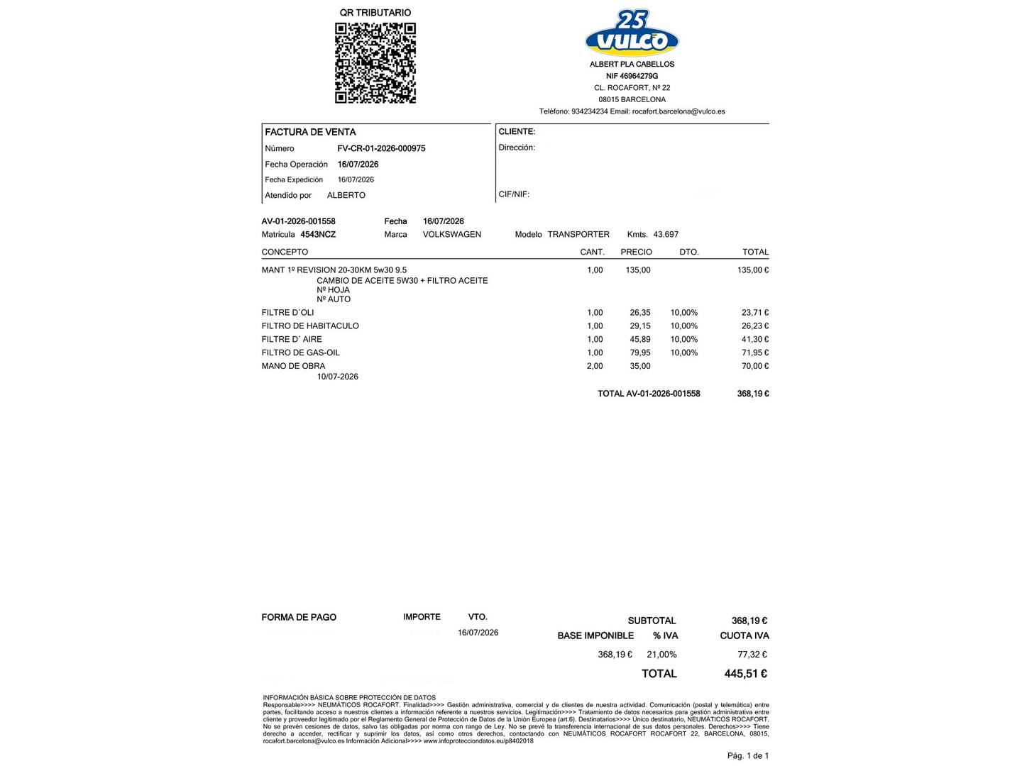 Foto del mantenimiento del Volkswagen Transporter Volkswagen Transporter Furgon Batalla Corta TN 2.0 TDI (110 CV)