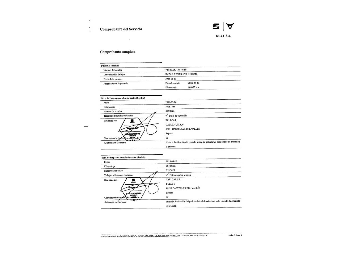 Foto del mantenimiento del Seat Ibiza Seat Ibiza 1.0 TSI FR XM (110 CV)