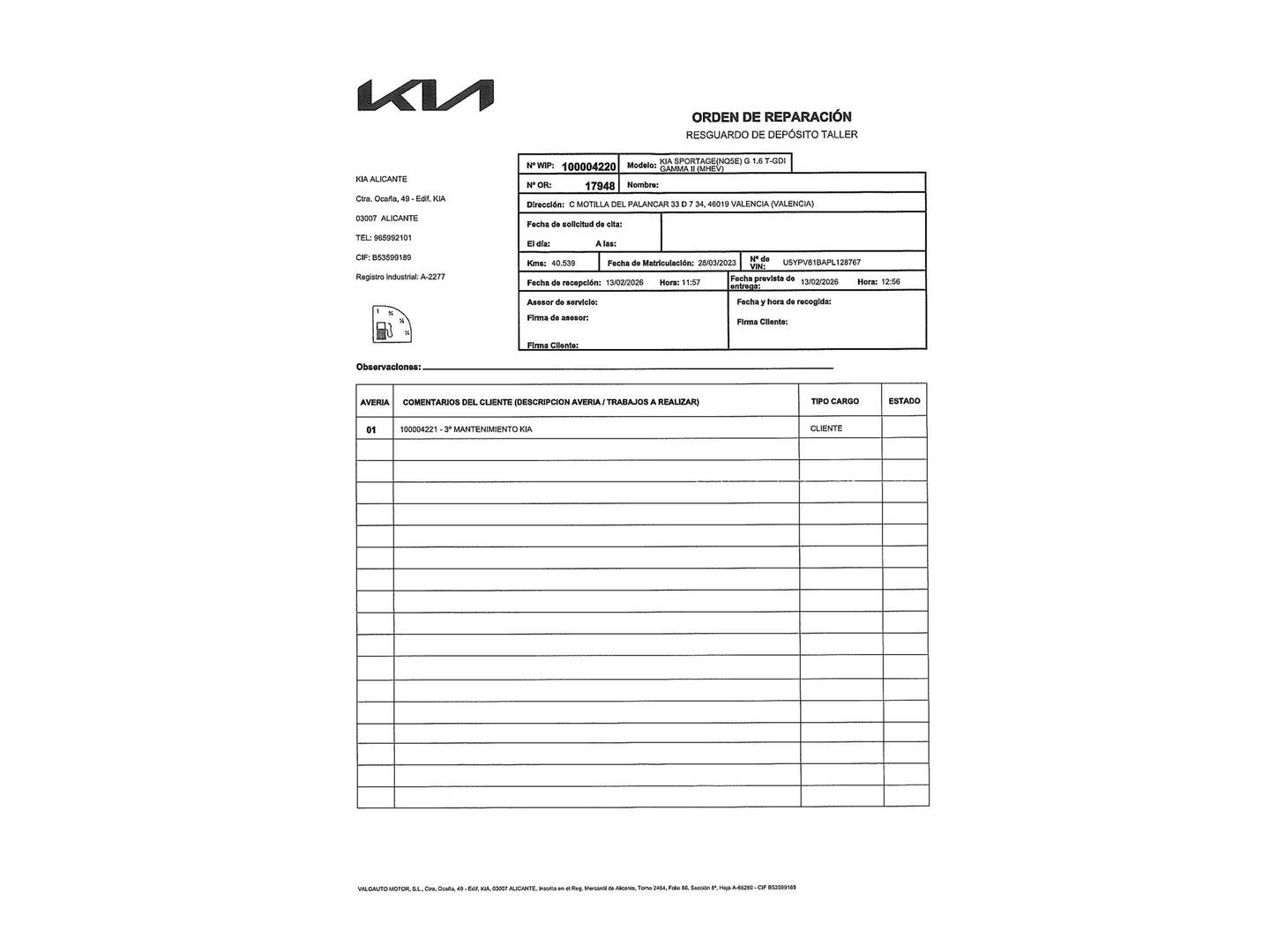 Foto del mantenimiento del KIA Sportage KIA Sportage 1.6 T-GDi MHEV Tech 4x2 (150 CV)