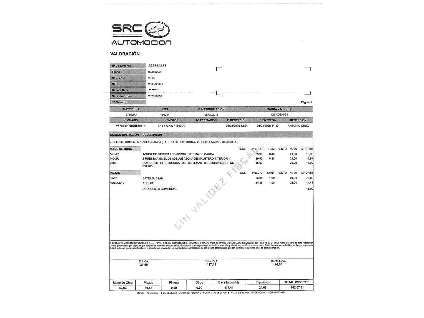 Foto del mantenimiento del Citroën C4 Cactus Citroën C4 Cactus BlueHDi 100 Feel Edition (100 CV)