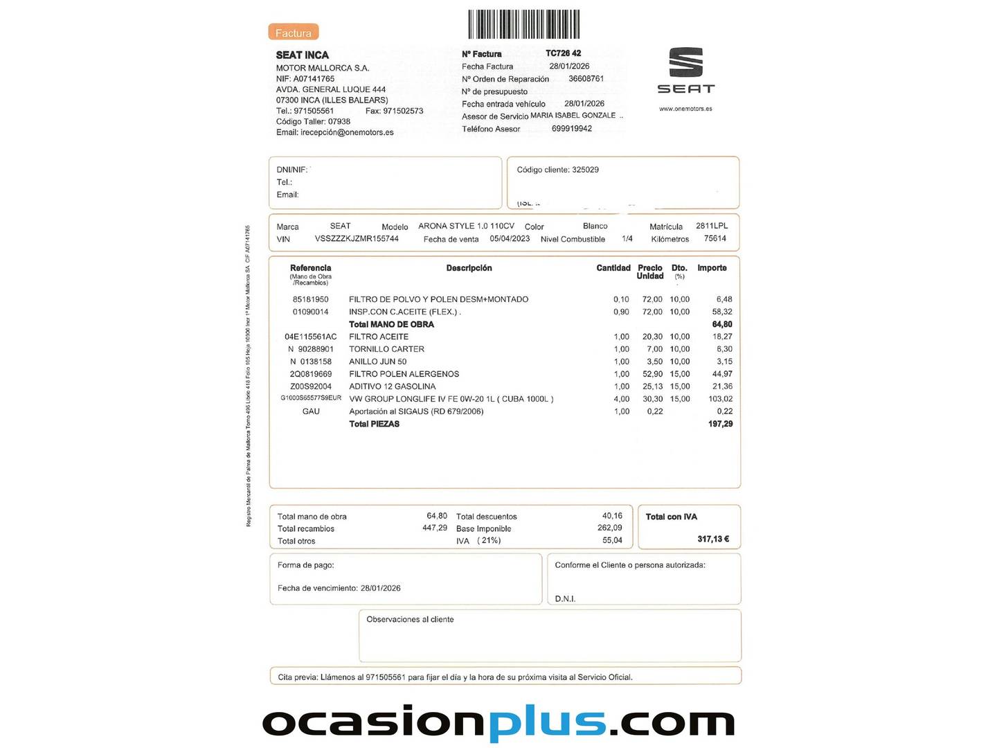 Foto del mantenimiento del Seat Arona Seat Arona 1.0 TSI Style Go2 (110 CV)