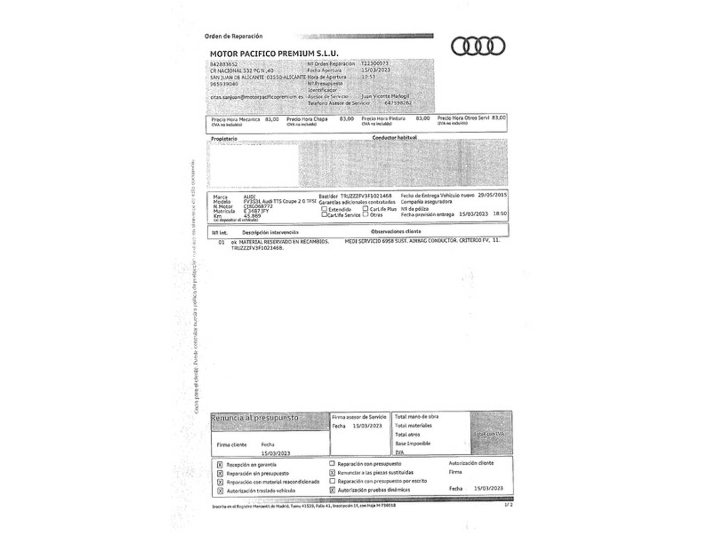 Foto del mantenimiento del Audi TT Audi TT S Coupe 2.0 TFSI quattro (310 CV) S tronic