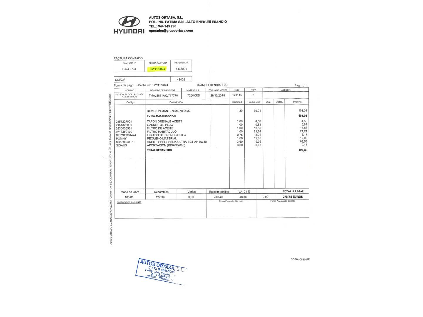 Foto del mantenimiento del Hyundai Tucson Hyundai Tucson 1.6 GDI BlueDrive Essence 4x2 (132 CV)